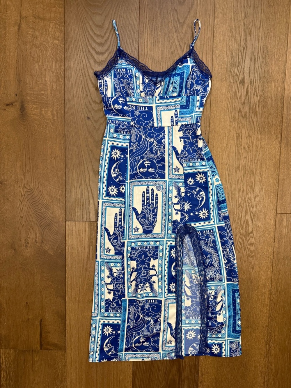 Urban Outfitters Audrey Blue Celestial Tarot Print Lace Trim Midi Slip Dress